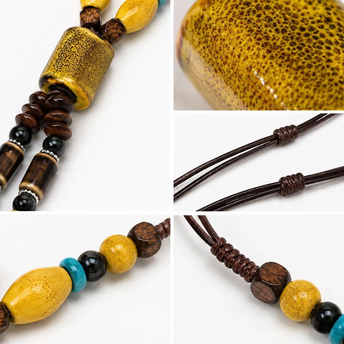 Handmade Ceramic Beaded Pendant Necklace – Adjustable Wax Cord Artisan Jewelry Gift for Women