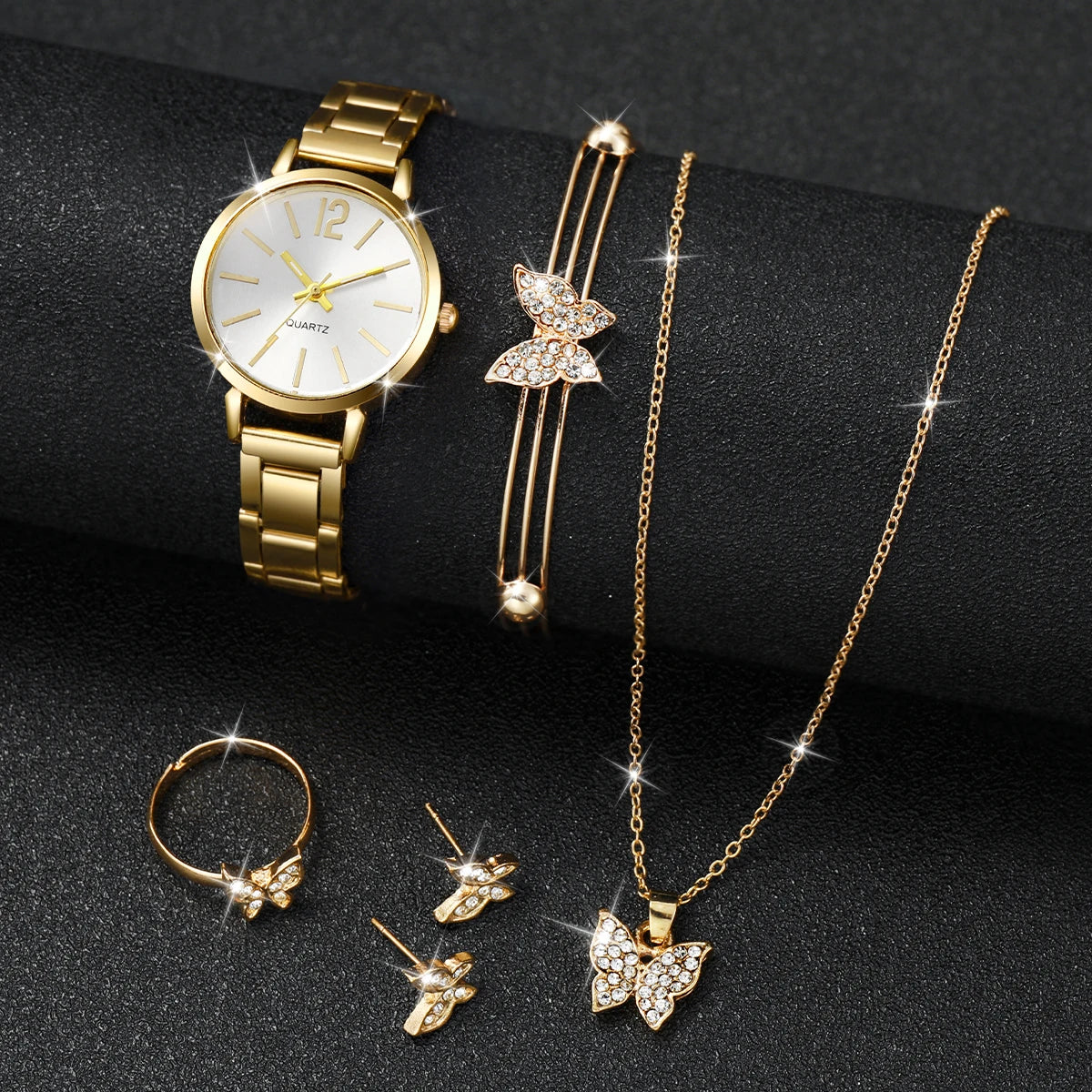 Women's Stainless Steel Quartz Watch & Diamond Jewelry Set – 6PCS Fashion Wristwatch