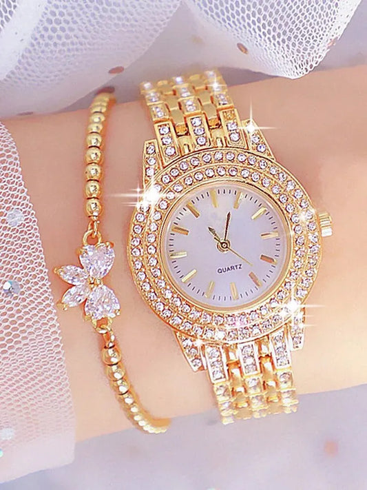 2pcs Diamond-Studded Quartz Bracelet Watch Set for Women