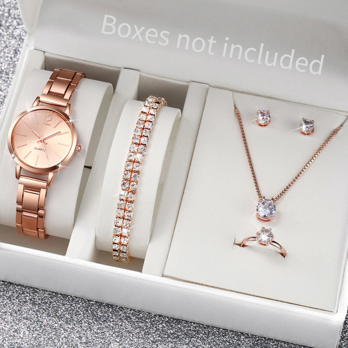 Women's Stainless Steel Quartz Watch & Diamond Jewelry Set – 6PCS Fashion Wristwatch