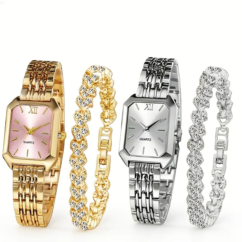 Elegant Rectangle Women's Quartz Watch & Heart Bracelet Set – 4PCS Ladies Wristwatch