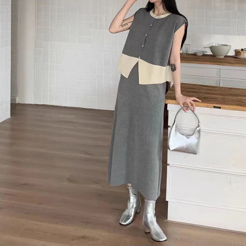 Elegant Office Two-Piece Knitted Set - Sleeveless Button Top & High-Waist Split Skirt