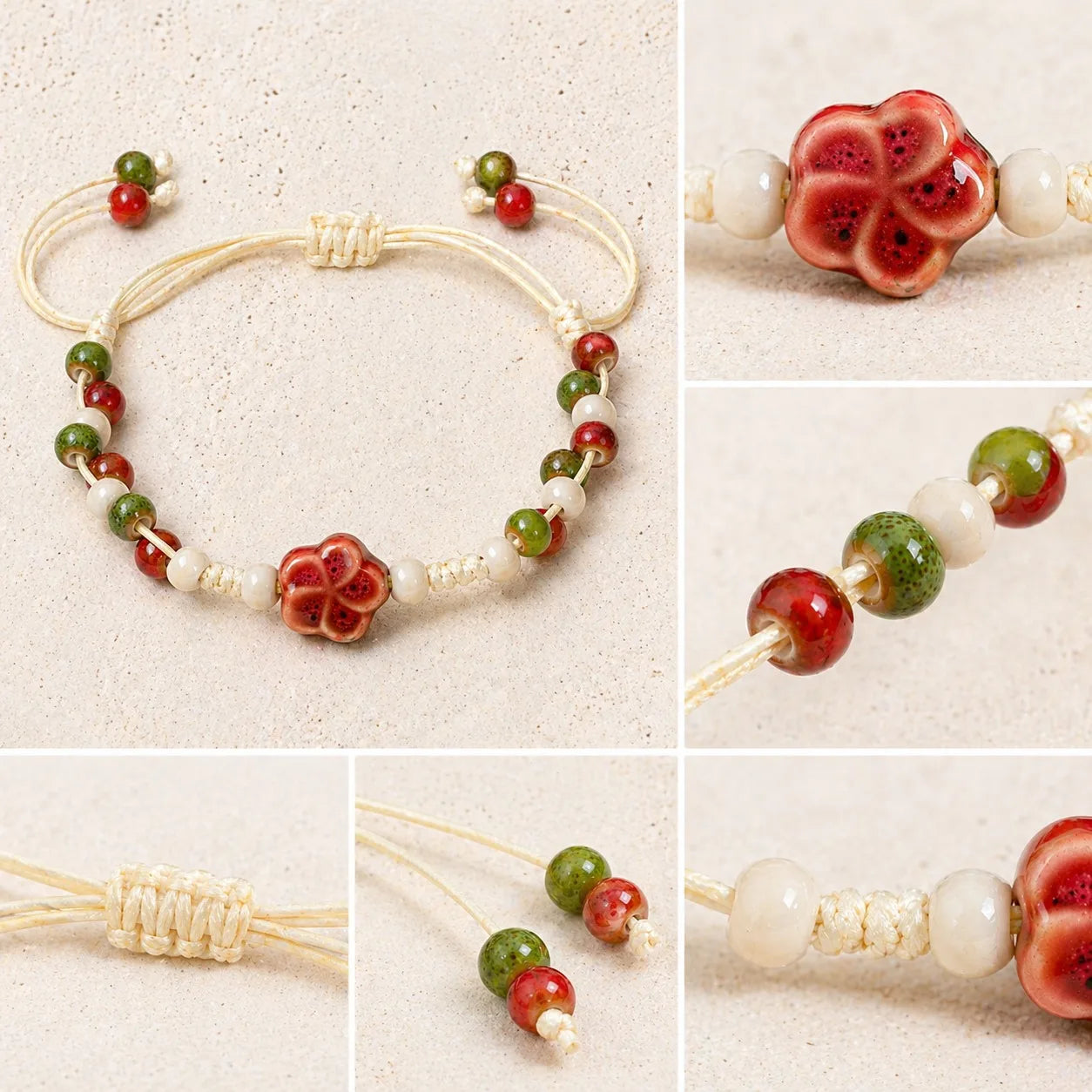 Handmade Ceramic Flower Bracelet – Adjustable Multicolor Beaded Wax Cord Jewelry Gift