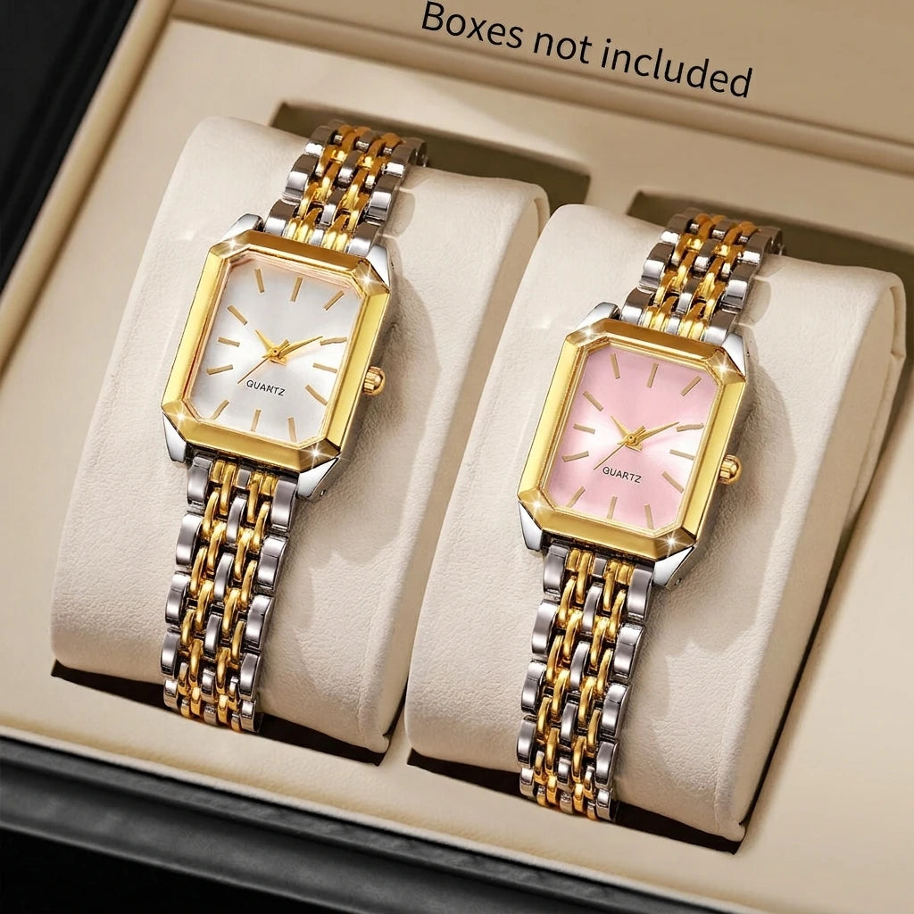 Fashion Rectangle Women's Quartz Watch Set – Casual Alloy Strap Ladies Wristwatch 2PCS