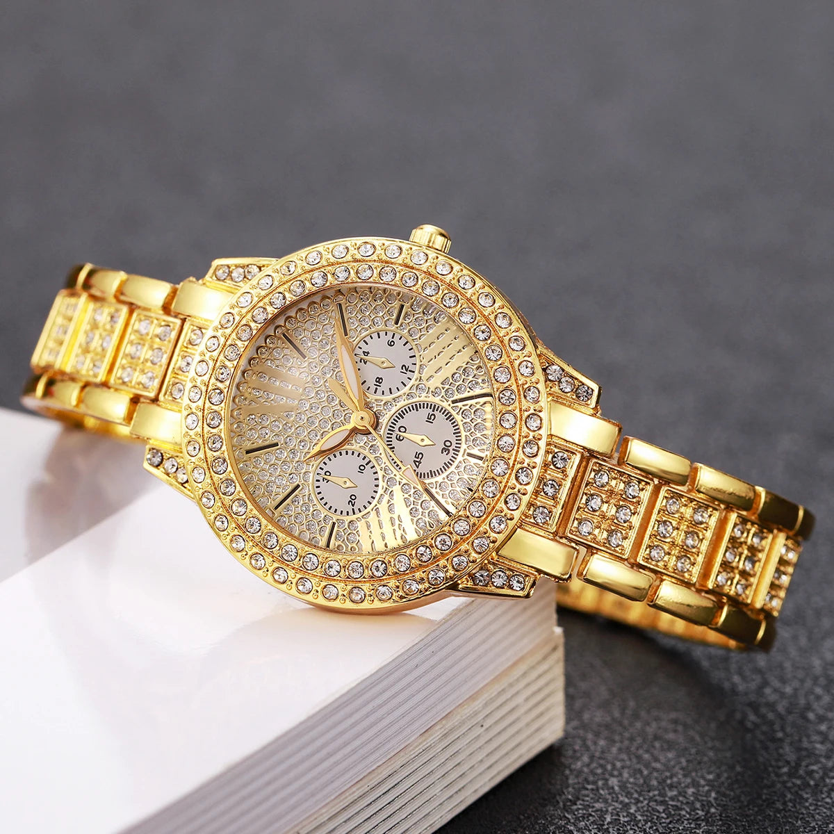 Luxury Full Diamond Women's Quartz Watch & Heart Bracelet Set – 2PCS Ladies Wristwatch