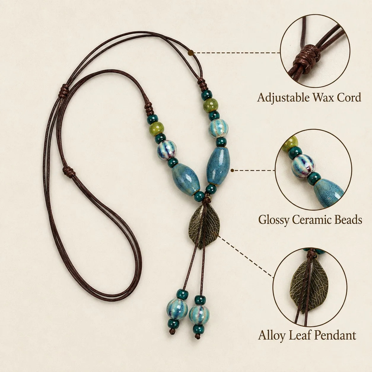 Handmade Ceramic Leaf Pendant Necklace – Adjustable Wax Cord Artisan Jewelry Gift