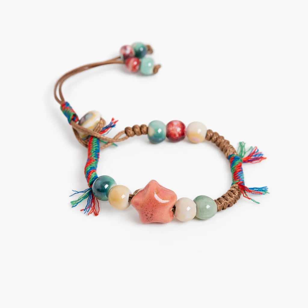 Handmade Ceramic Bead Bracelet – Adjustable Wax Cord Star Charm Multicolor Jewelry