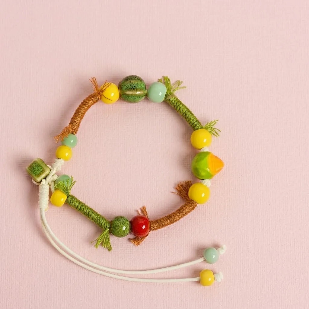 Handmade Ceramic Vegetable Bracelet – Corn & Carrot Braided Wax Cord Boho Jewelry for Women