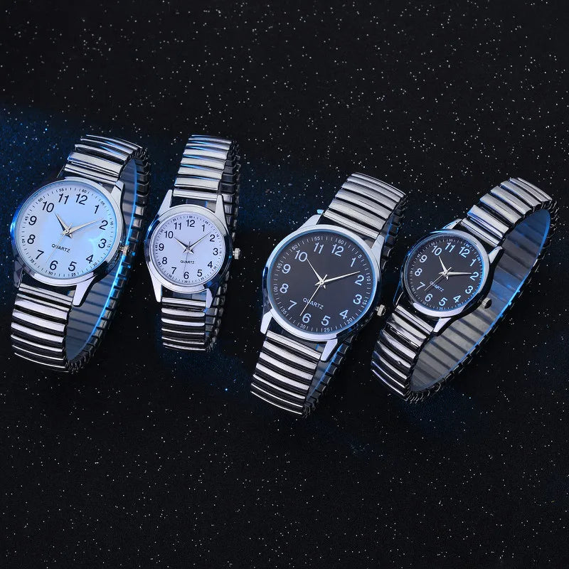 Fashion Couple Quartz Watches Set – Arabic Dial Elastic Band Wristwatches for Men & Women