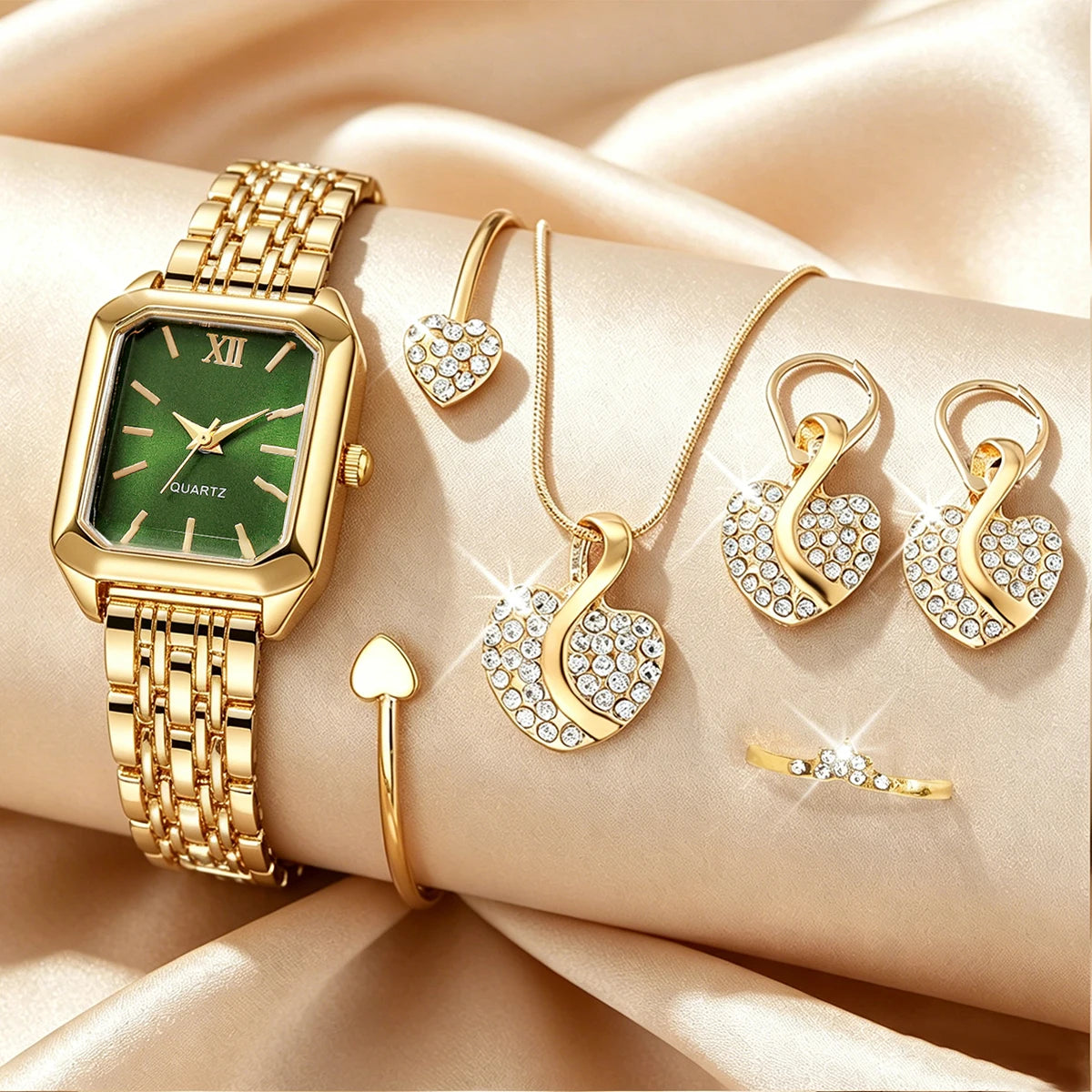 Elegant Rectangle Women's Quartz Watch & Rhinestone Heart Jewelry Set – 6PCS Ladies Wristwatch