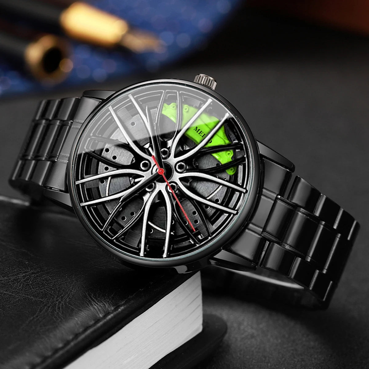 Men's Sports 3D Car Wheel Quartz Watch – Stainless Steel Band Wristwatch