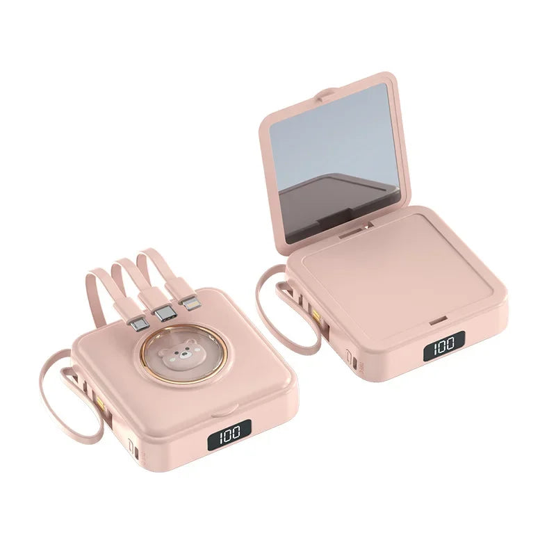 Mini Power Bank 20000mAh Portable Charger with Built-in 4 Cables Makeup Mirror Cute Pet Cartoon External Battery