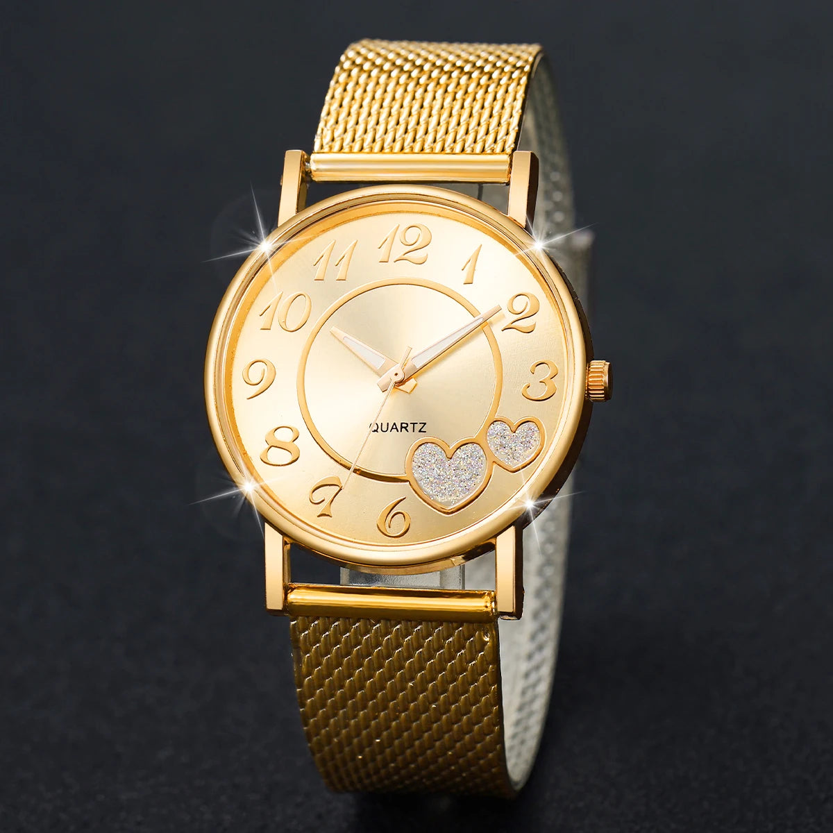 Fashion Heart Women's Quartz Watch & Butterfly Jewelry Set – 3/6PCS Golden Plastic Band Wristwatch