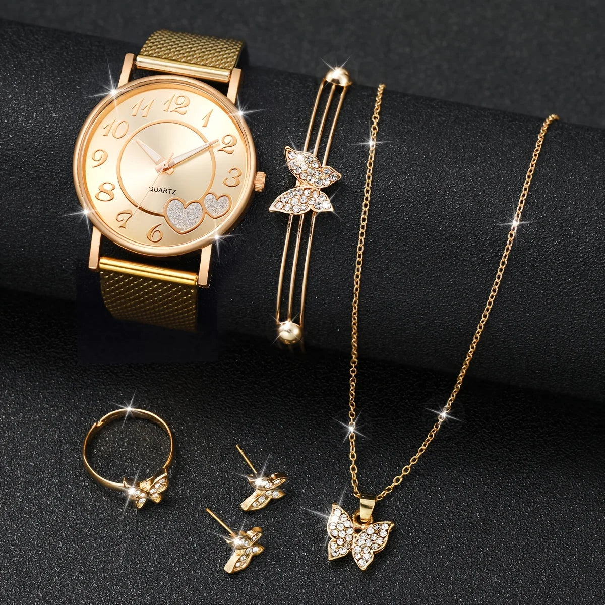 Fashion Heart Women's Quartz Watch & Butterfly Jewelry Set – 3/6PCS Golden Plastic Band Wristwatch