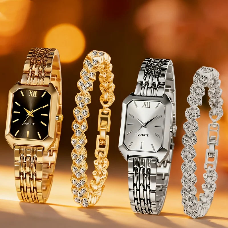 Elegant Rectangle Women's Quartz Watch & Heart Bracelet Set – 4PCS Ladies Wristwatch