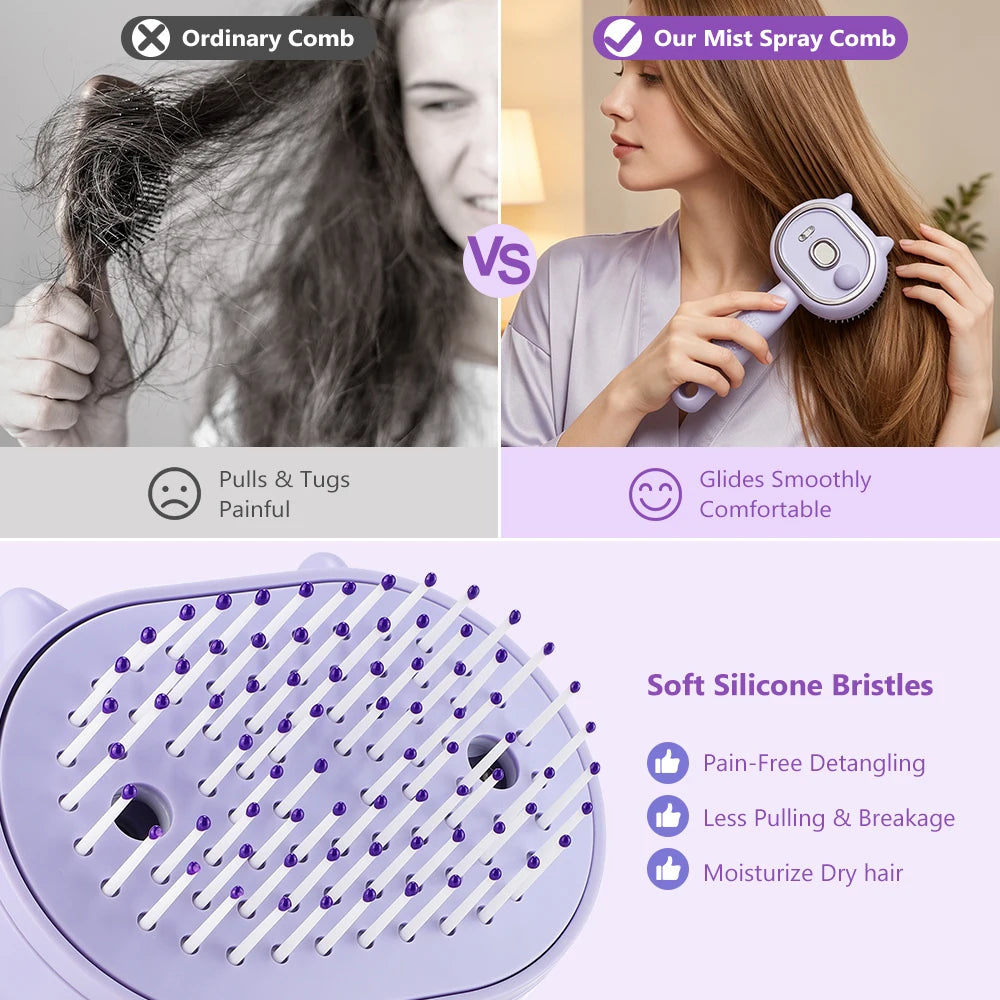 2-in-1 Misting Hair Brush – Water Spray Steam Comb for Frizz-Free Hair