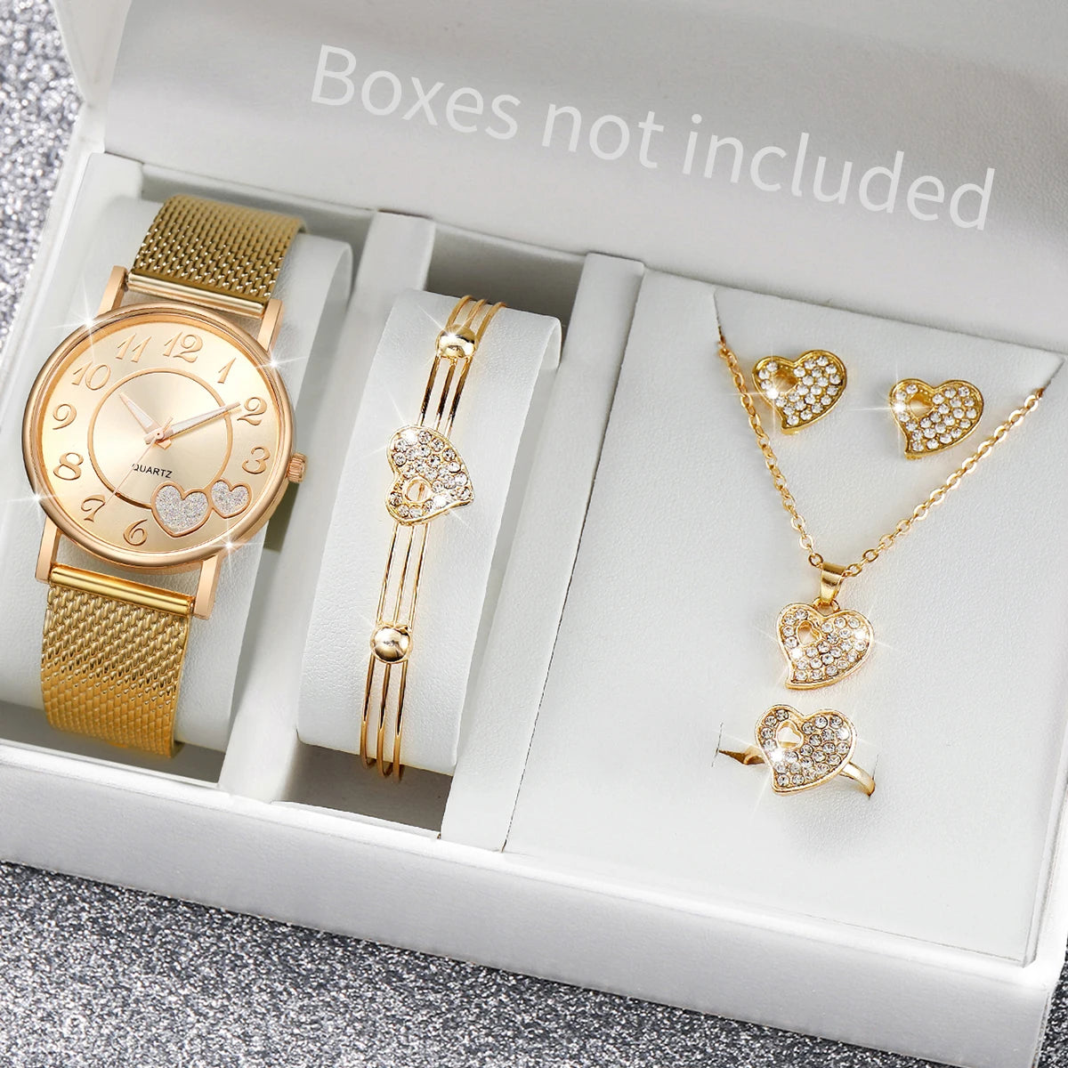 Fashion Heart Women's Quartz Watch & Butterfly Jewelry Set – 3/6PCS Golden Plastic Band Wristwatch