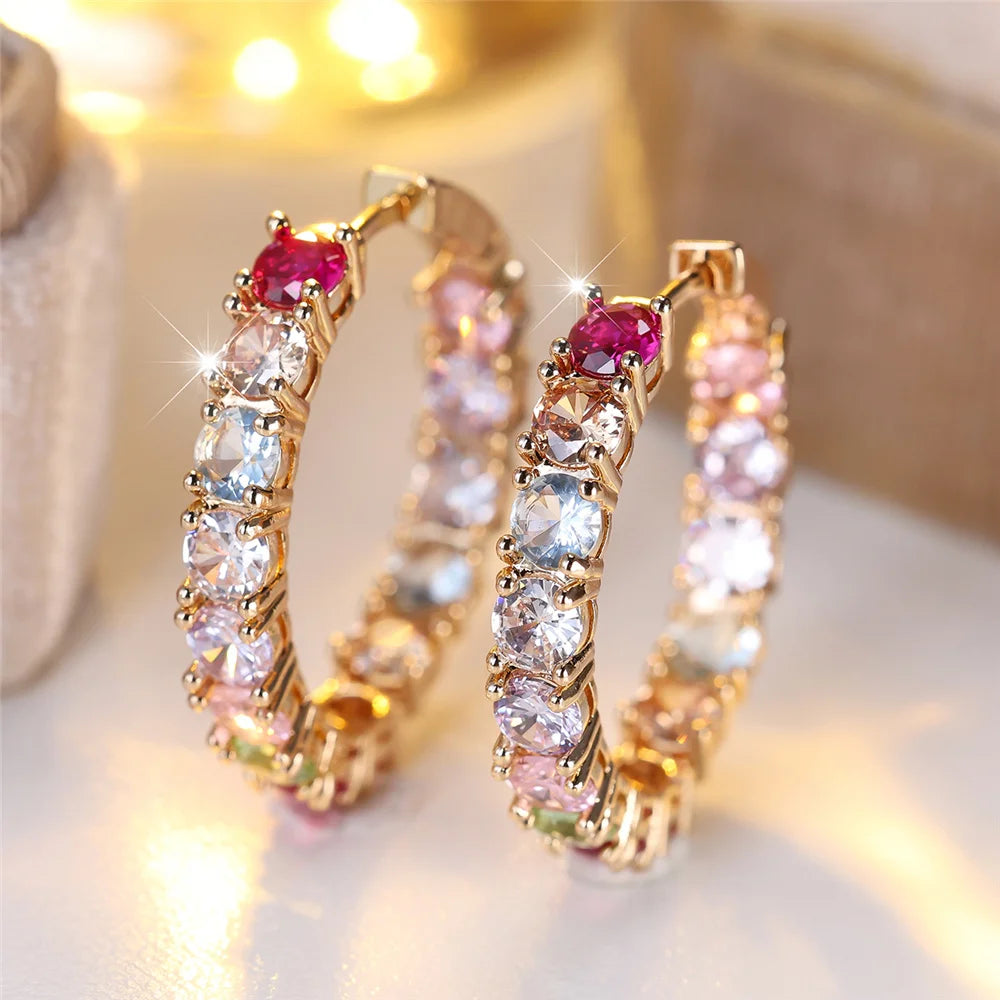 Luxury Crystal Pink Red Rainbow Zircon Round Hoop Earrings - Gold Color Wedding Jewelry for Women"