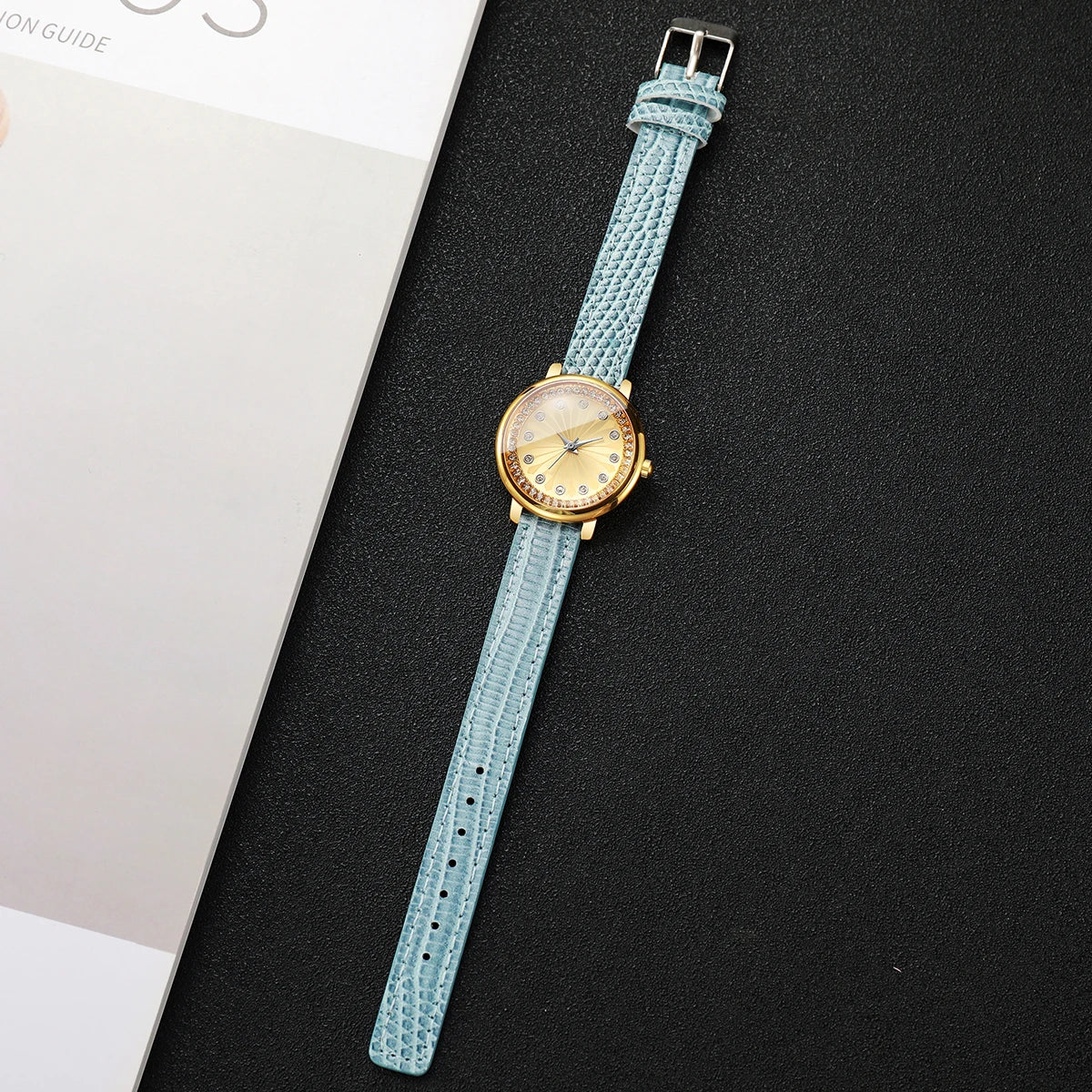 Elegant Women's Rhinestone Quartz Watch – Blue Leather Strap Ladies Wristwatch