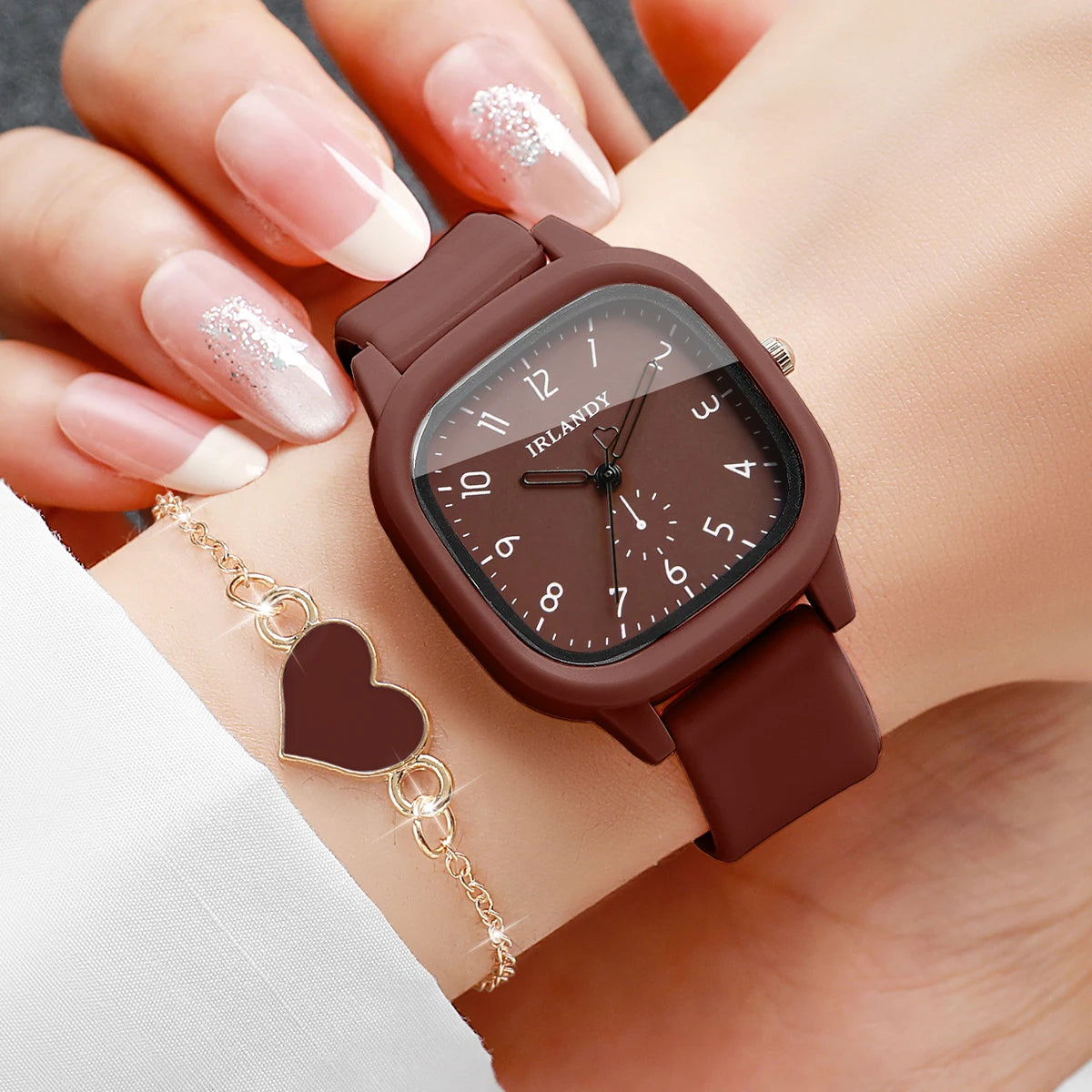 Fashion Arabic Dial Women's Quartz Watch & Heart Bracelet Set – 2PCS Square Silicone Wristwatch