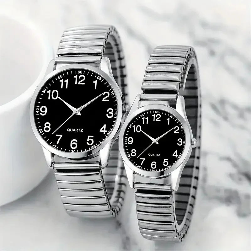 Fashion Couple Quartz Watches Set – Arabic Dial Elastic Band Wristwatches for Men & Women