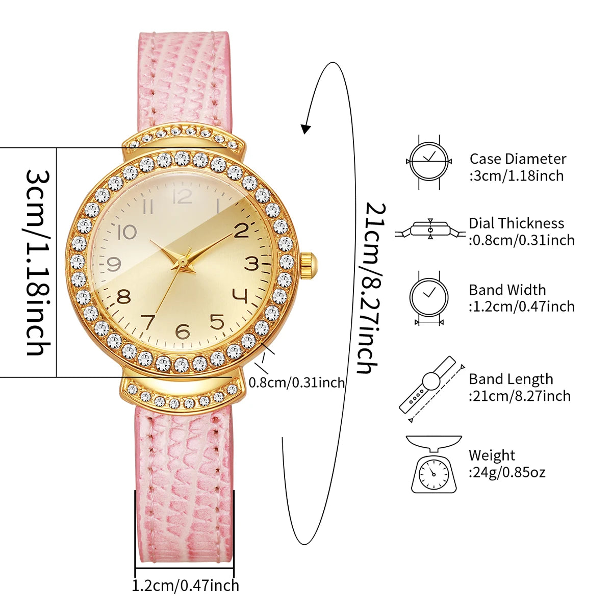 Fashion Rhinestone Women's Quartz Watch – Pink Leather Strap Ladies Wristwatch