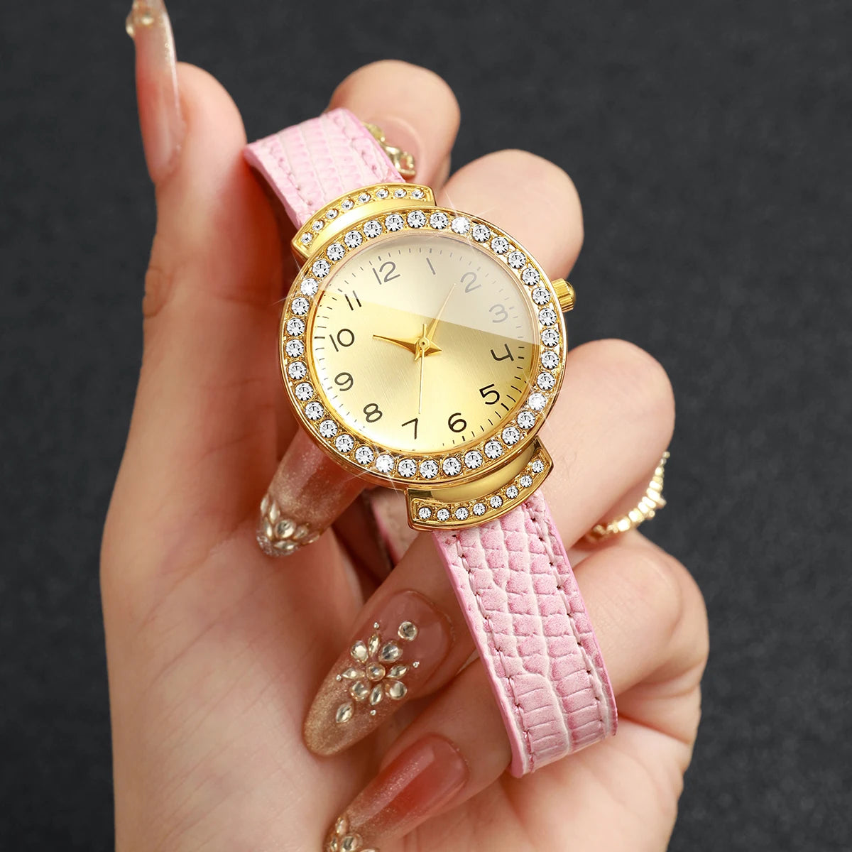 Fashion Rhinestone Women's Quartz Watch – Pink Leather Strap Ladies Wristwatch