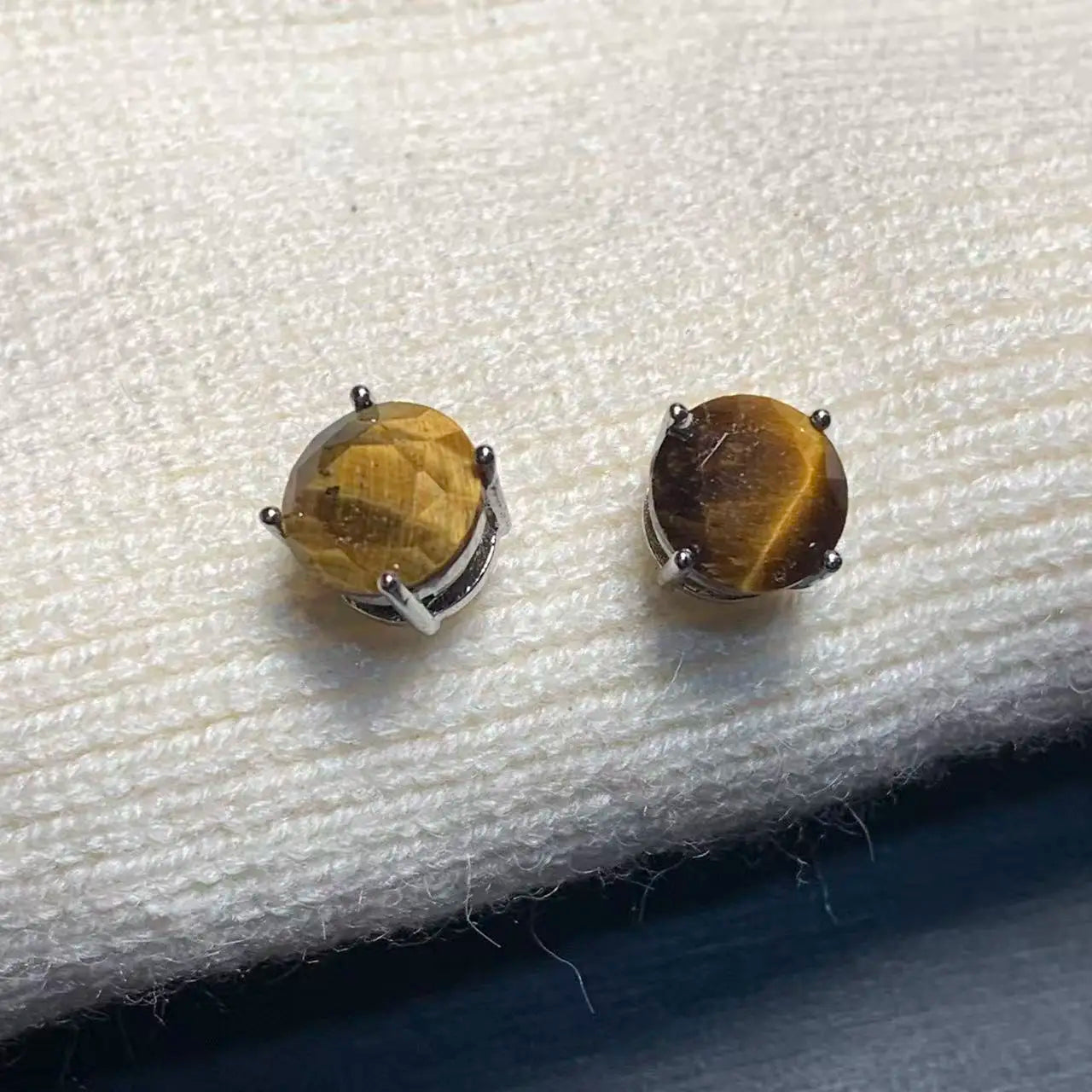 Vintage Natural Tiger's Eye Copper Stud Earrings – Genuine Gemstone for Women