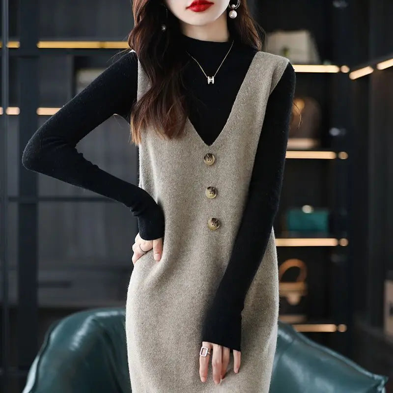 Pullover knitted vest skirt long V-neck casual loose sweater solid 2025 autumn and winter knitted sleeveless women vest sweater