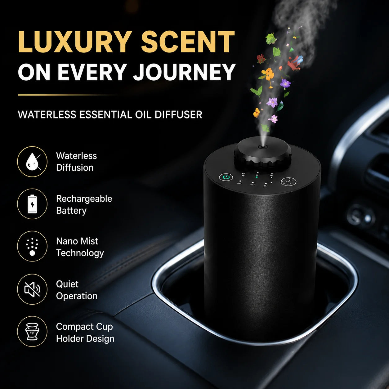 Rechargeable Waterless Essential Oil Diffuser Cordless Aromatherapy Car Diffuser with Timing Setting and 3 Fragrance Levels
