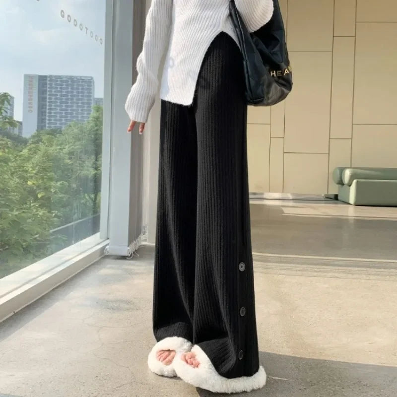 Split knitted wide leg pants for women in autumn and winter, loose fitting, high waisted, draped, casual and comfortable pants