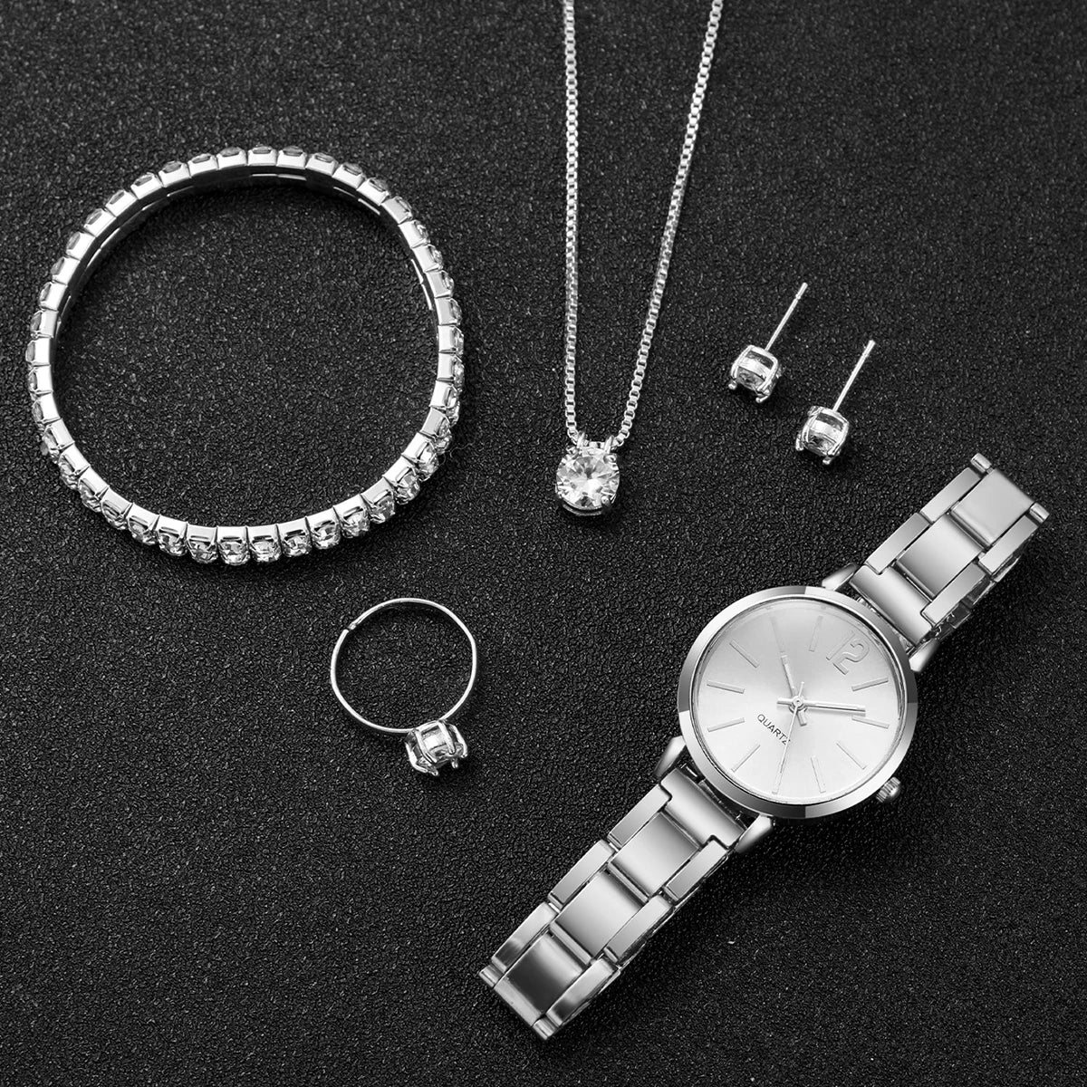 Women's Stainless Steel Quartz Watch & Diamond Jewelry Set – 6PCS Fashion Wristwatch