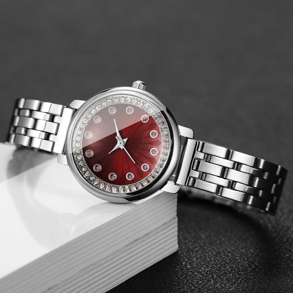 Luxury Red Dial Rhinestone Women's Quartz Watch – Stainless Steel Elegant Wristwatch