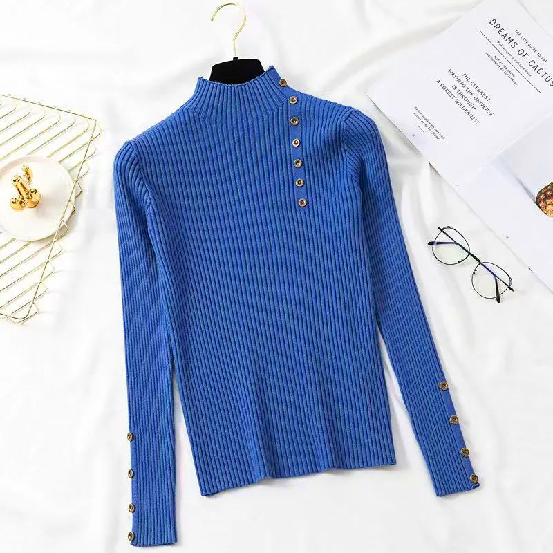 Women Autumn Knitted Slim Sweaters Solid Knitted Female Cotton Soft Elastic Color Pullovers Button Full Sleeve Turtleneck