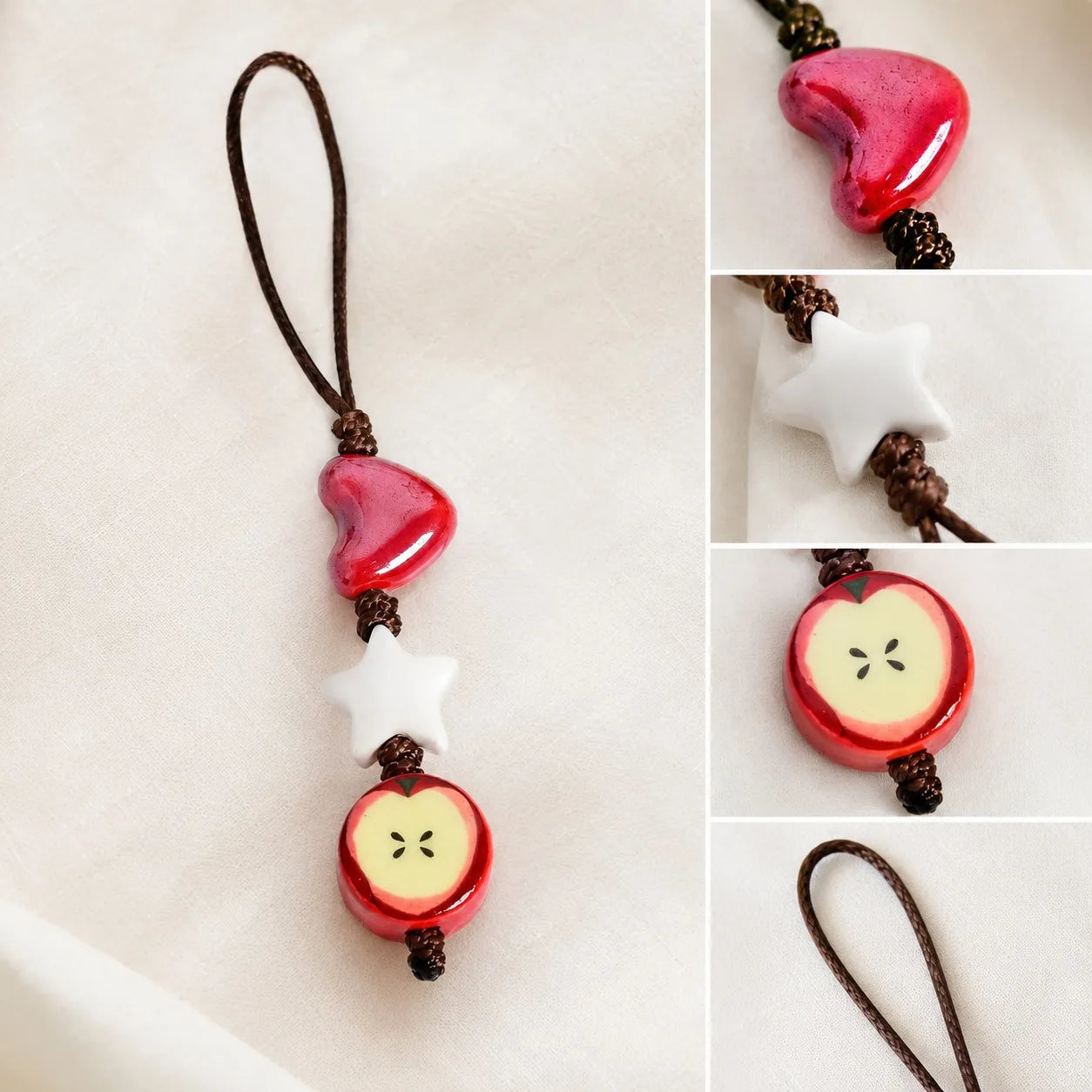 Handmade Ceramic Heart Star Apple Bag Charm – Braided Wax Cord Everyday Accessory