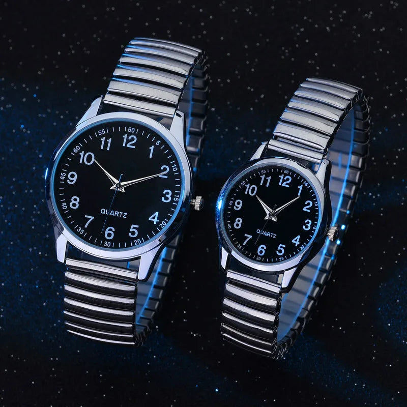 Fashion Couple Quartz Watches Set – Arabic Dial Elastic Band Wristwatches for Men & Women