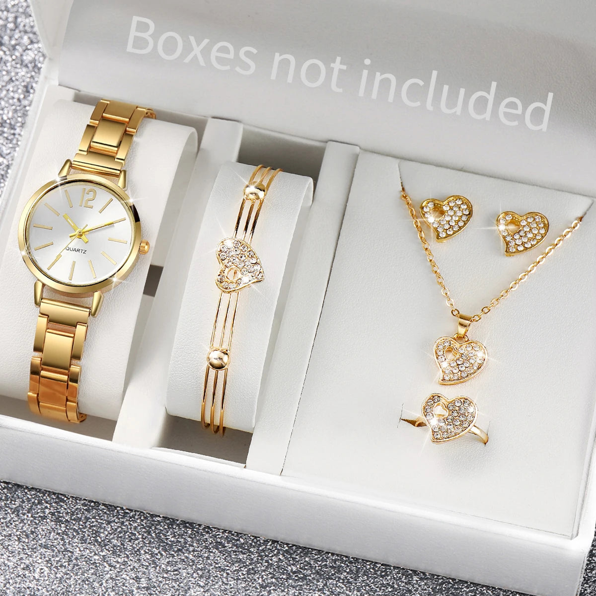Women's Stainless Steel Quartz Watch & Diamond Jewelry Set – 6PCS Fashion Wristwatch