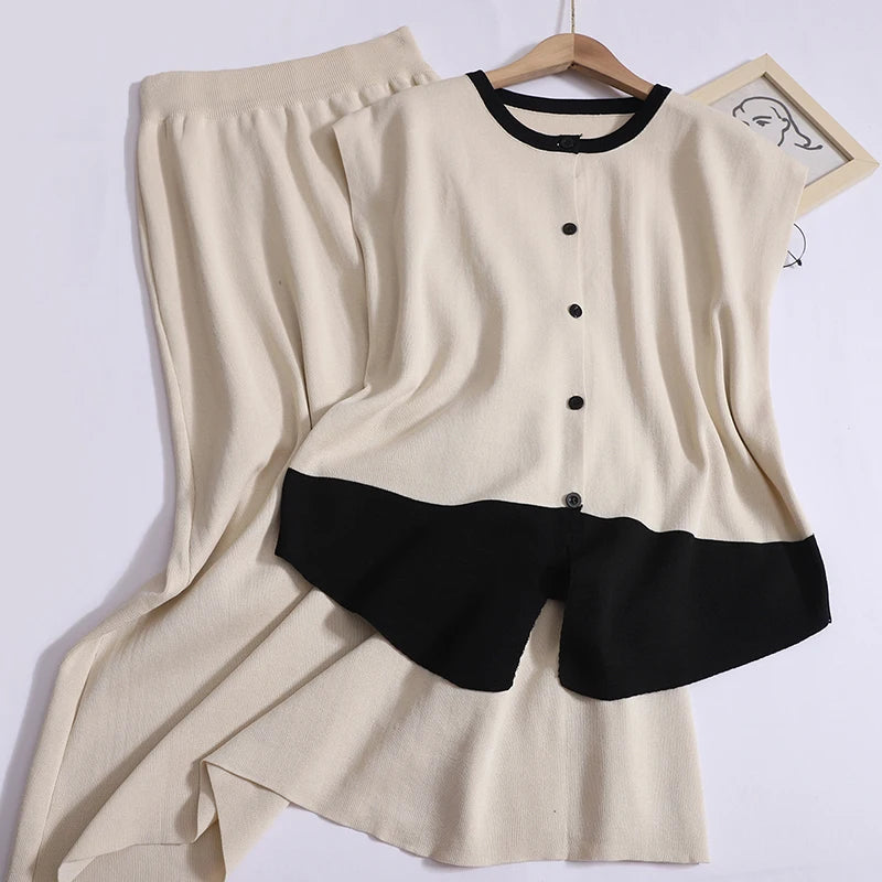 Elegant Office Two-Piece Knitted Set - Sleeveless Button Top & High-Waist Split Skirt