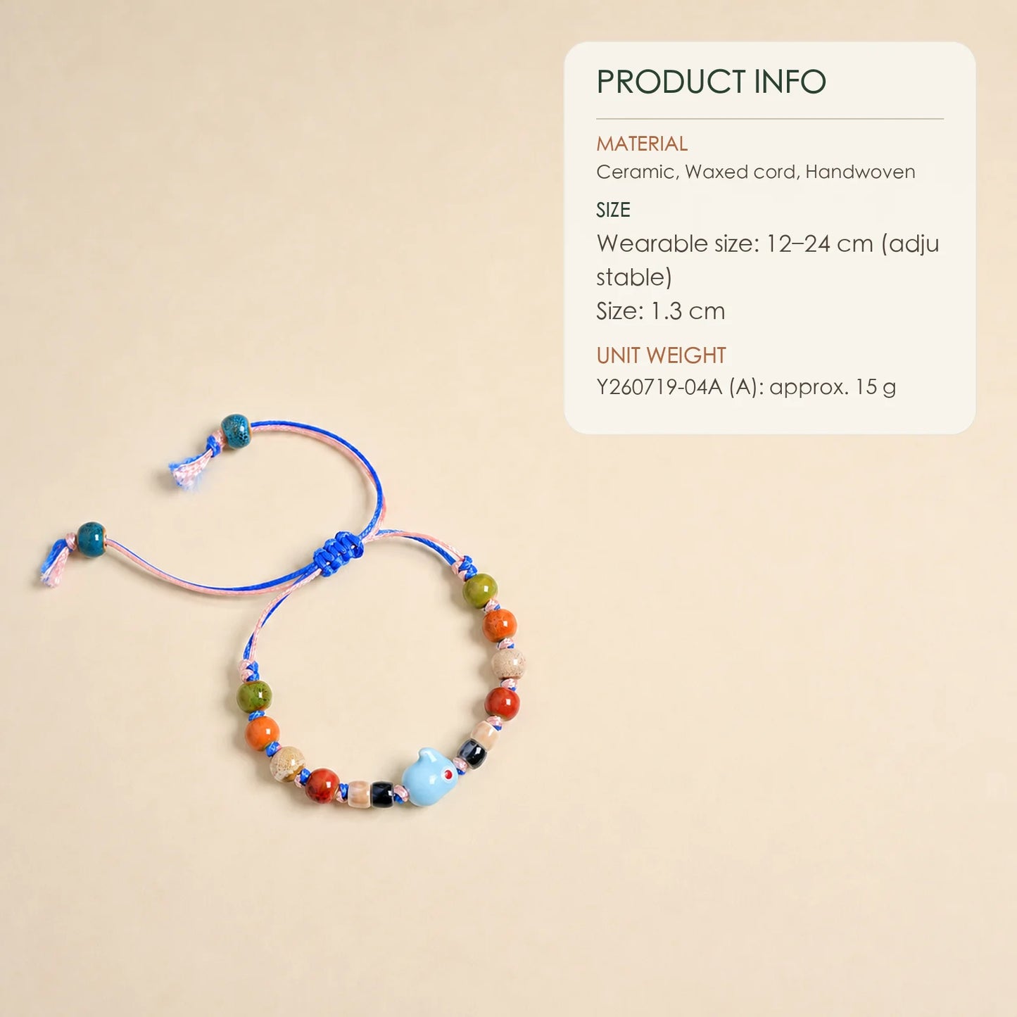 Handmade Blue Rabbit Ceramic Bracelet – Adjustable Woven Wax Cord Bunny Charm Jewelry