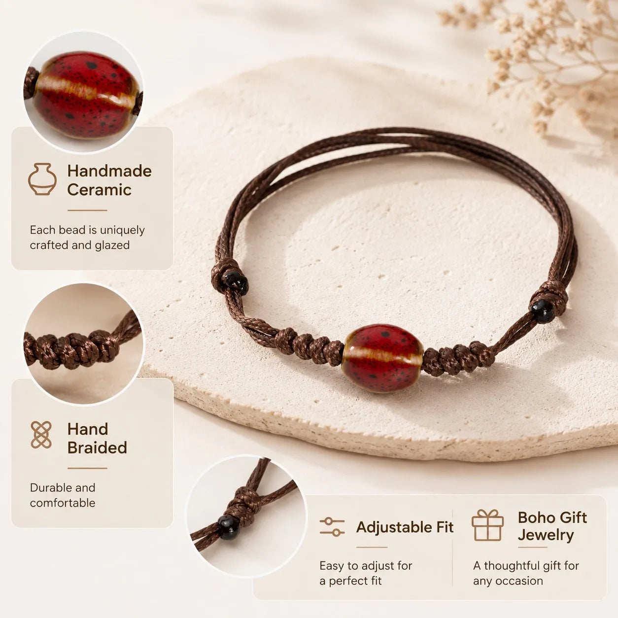 Handmade Floral Glaze Faceted Ceramic Bracelet – Adjustable Wax Cord Jewelry Gift