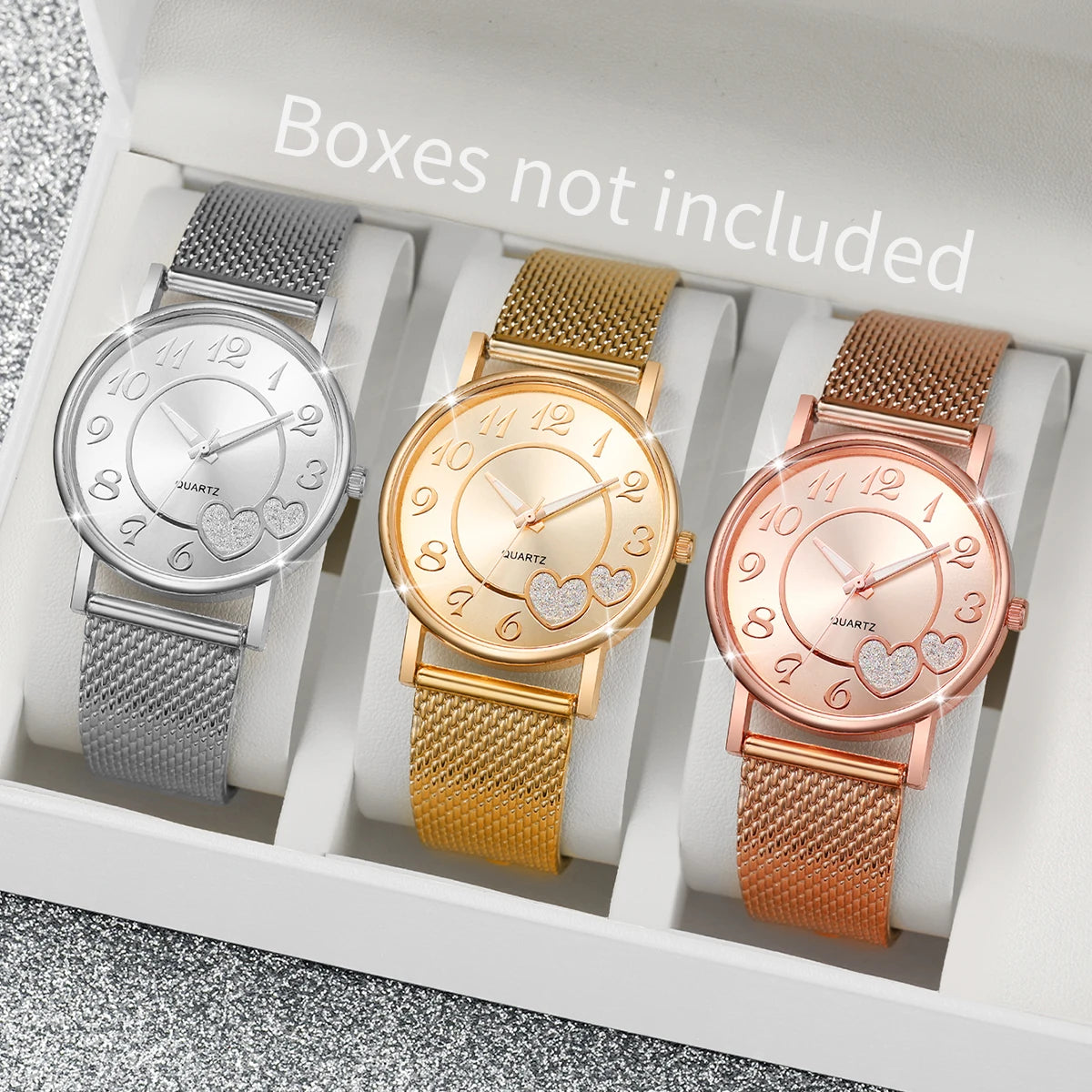 Fashion Heart Women's Quartz Watch & Butterfly Jewelry Set – 3/6PCS Golden Plastic Band Wristwatch
