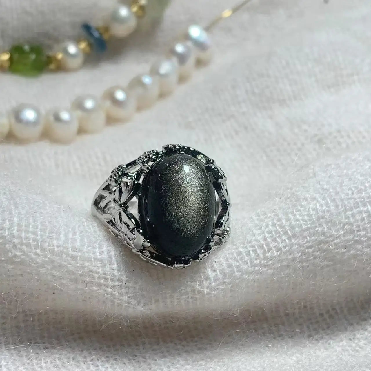 Natural Obsidian Adjustable Ring – Vintage Gemstone Ring for Women