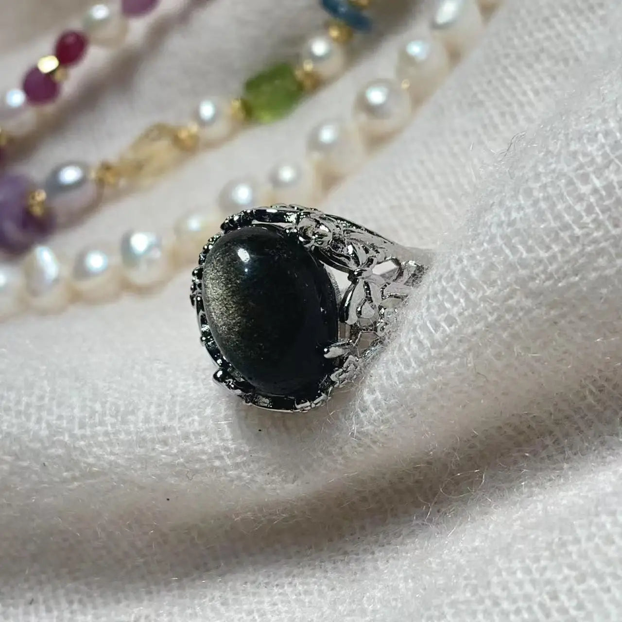 Natural Obsidian Adjustable Ring – Vintage Gemstone Ring for Women