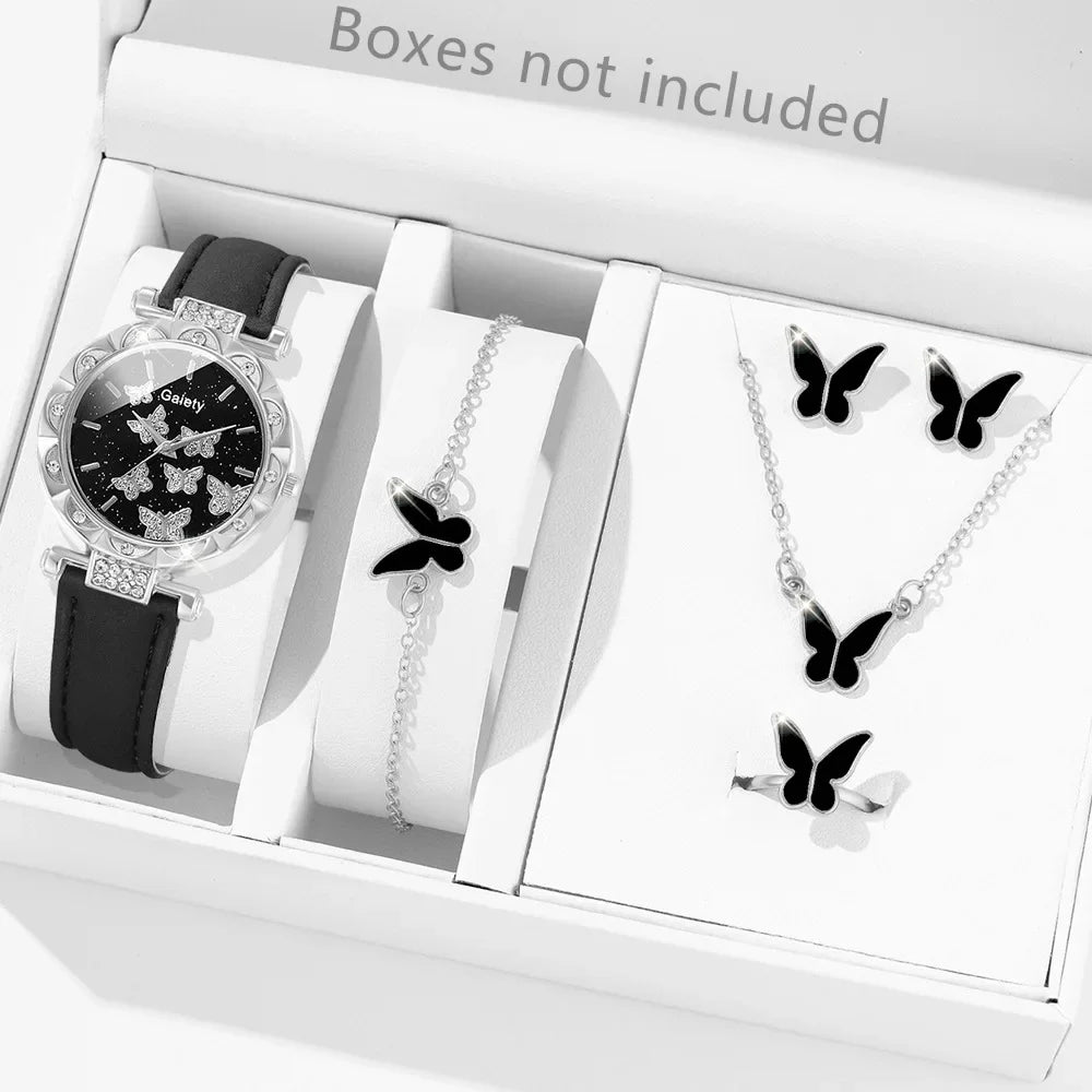 Women Watch Ring Necklace Earrings Bracelet Set Watches Butterfly
