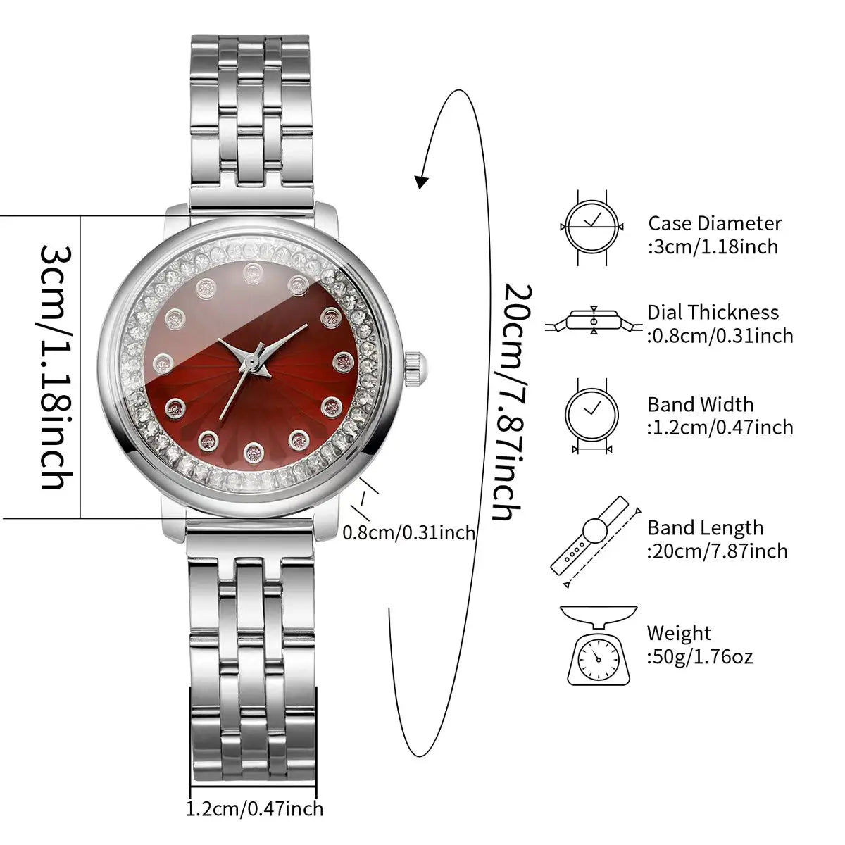 Luxury Red Dial Rhinestone Women's Quartz Watch – Stainless Steel Elegant Wristwatch