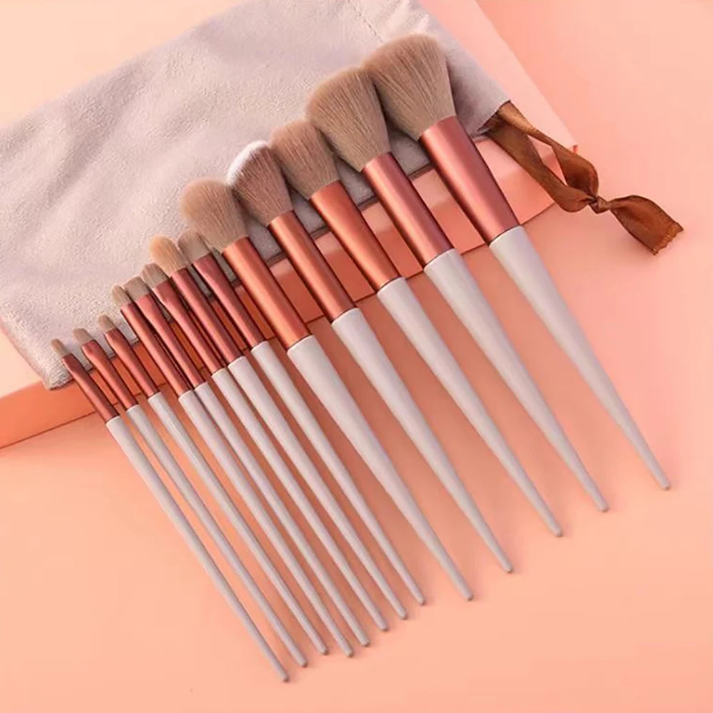 13-piece makeup brush set with soft bristles for eyeshadow, foundation, and blush. Includes a handy carrying bag