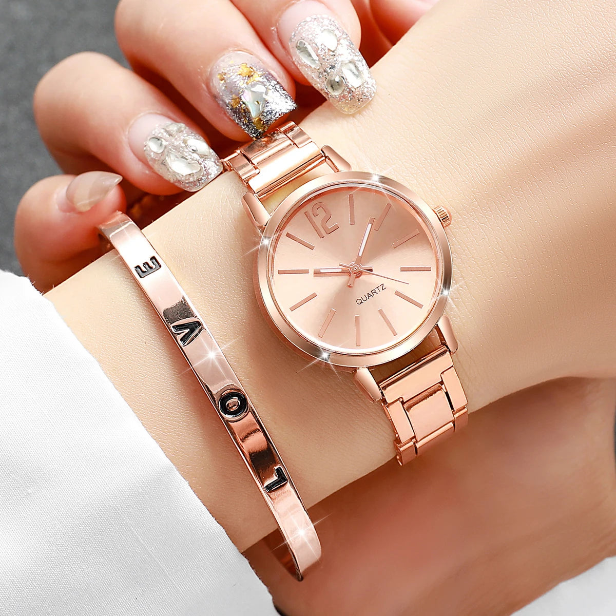 Women's Steel Band Quartz Watch & Diamond Bracelet Set – 6PCS Fashion Wristwatch