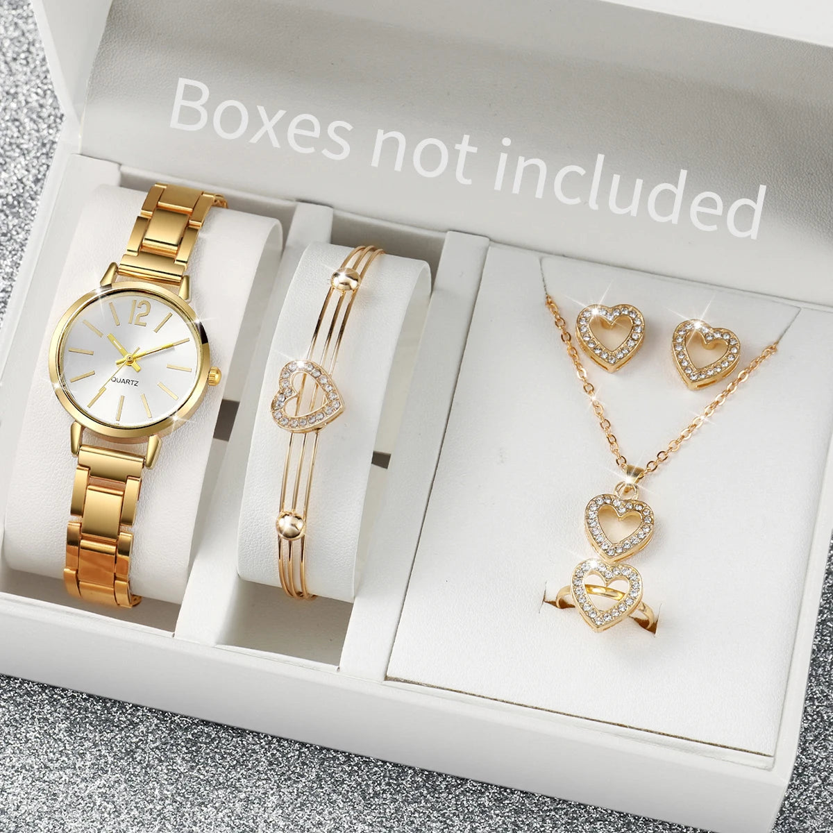 Women's Stainless Steel Quartz Watch & Diamond Jewelry Set – 6PCS Fashion Wristwatch