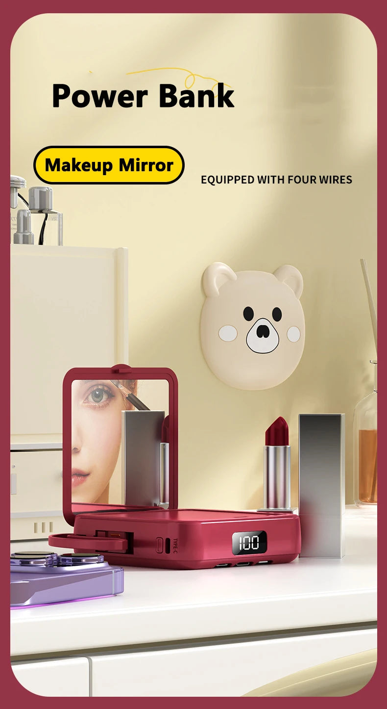 Mini Power Bank 20000mAh Portable Charger with Built-in 4 Cables Makeup Mirror Cute Pet Cartoon External Battery