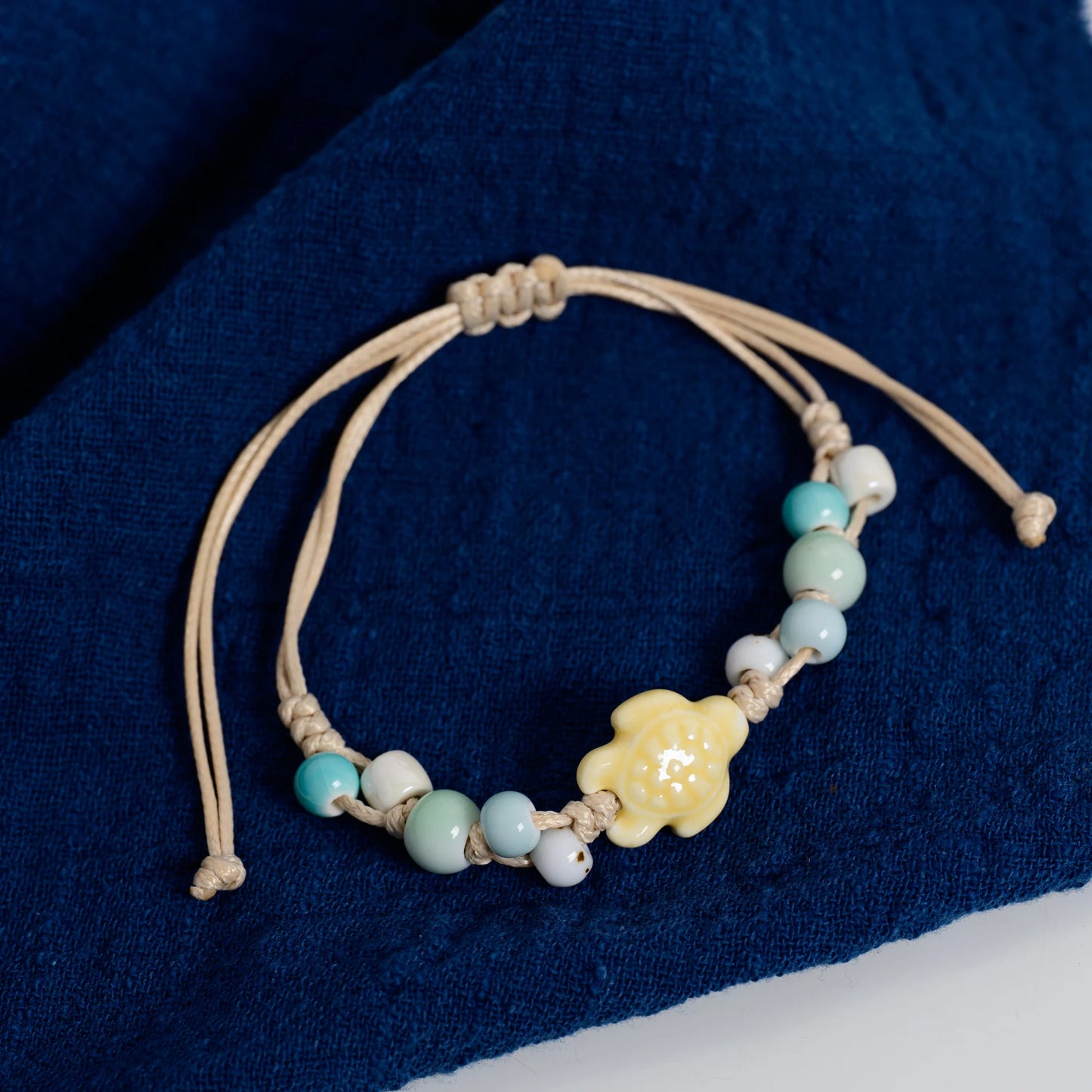 Handmade Ceramic Sea Turtle Bracelet – Adjustable Wax Cord Ocean Beach Jewelry for Women & Girls